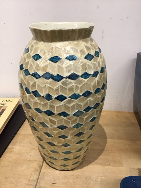 16" Cream/Blue Mosaic Style Vase