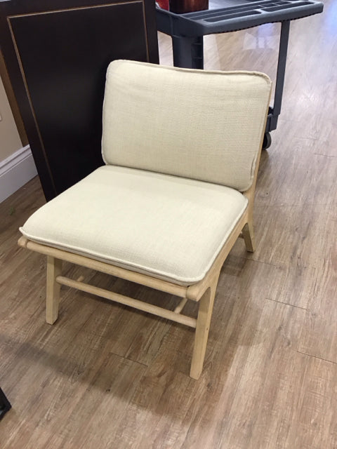 Tan Upholstered Wood Club Chair w/Rattan Back