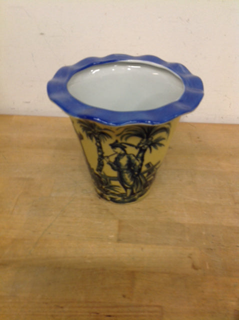 Vase- 7" Asian Yellow & Blue Ceramic