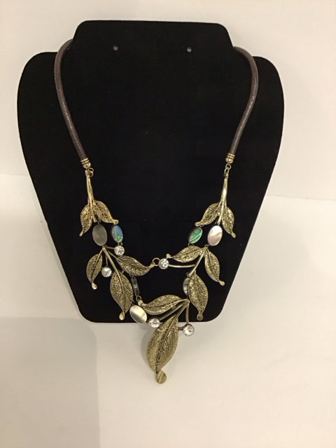Brown Leather Necklace w/MOP & Gold Metal Leaves