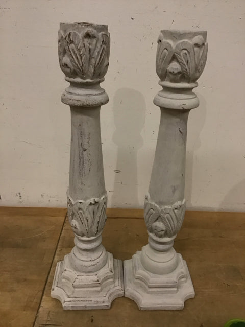 Pair Of 19" Distressed White Wood Candle Holder