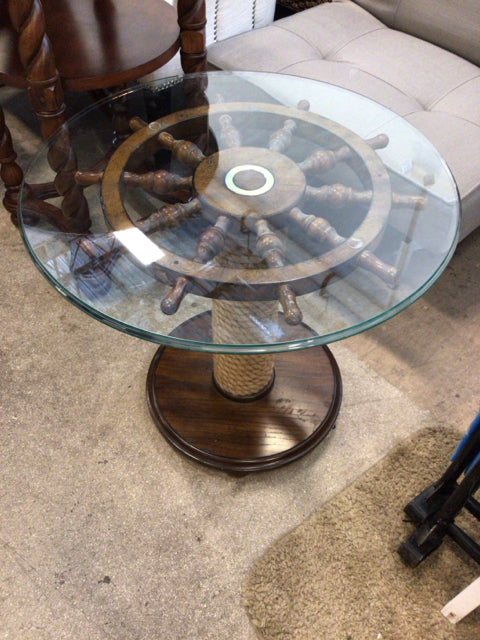 26" Round Nautical Ship Wheel Glass Top End Table
