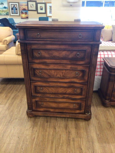 AS-IS Five Drawer Dark Wood Tall Chest