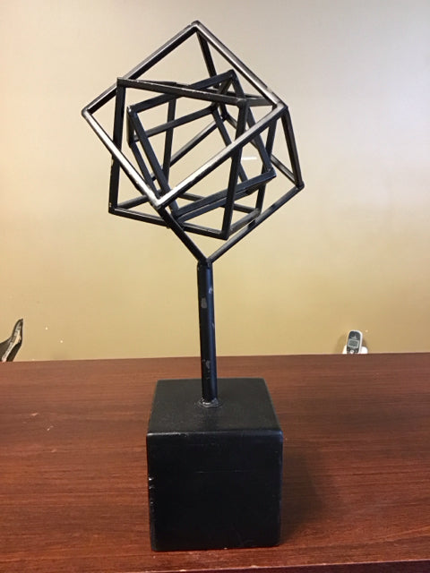 18" Black Metal Geometric Orb W/Wood Base