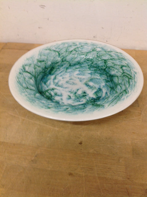 Bowl- 11" Green & White Art Glass