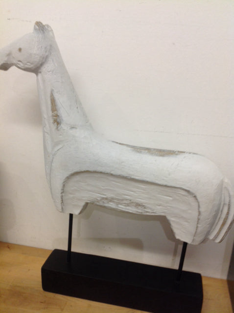 14" White Wood Carved Horse On Stand