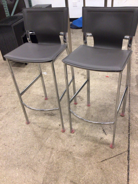 Pair Of Room & Board Grey Leather & Chrome Bar Stools