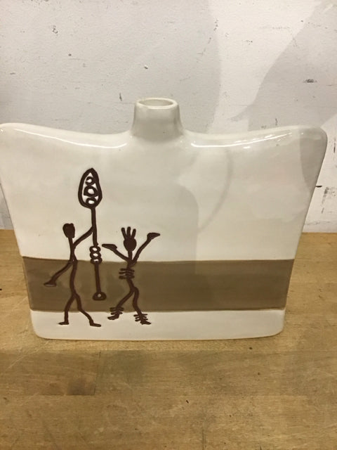 8" Ivory Ceramic Flat Vase W/Tan Striped Tribal Figures