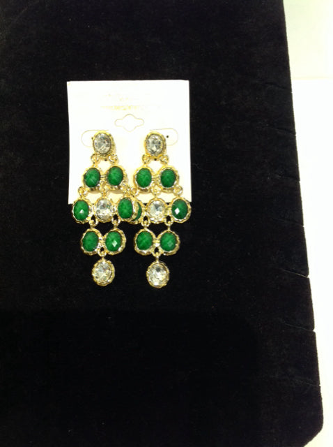 Gold w/Green/Clear Bead Dangle Earrings