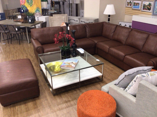 AS-IS American Leather Brown Leather Sectional Sleeper Sofa & Storage Ottoman