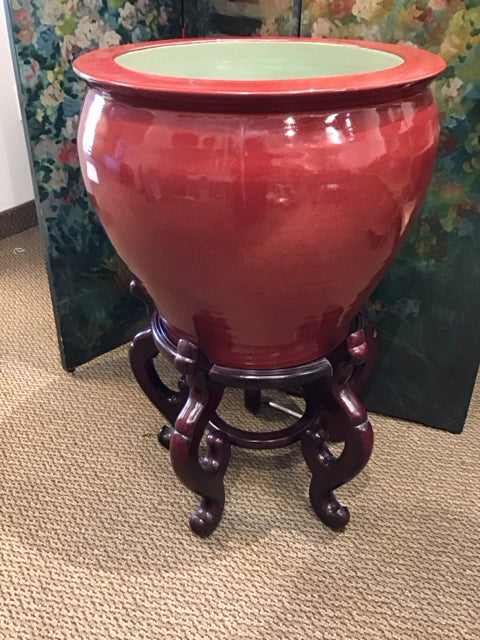 16" Red Ceramic Garden Planter W/Stand