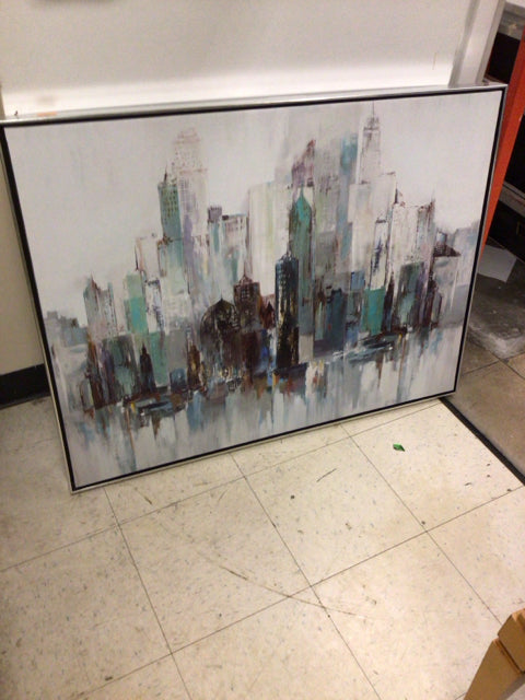 41 1/8" X 31 1/8" Silver Framed City Abstract Print On Canvas
