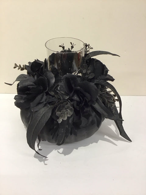 Black Pumpkin Candle Holder w/Black Florals