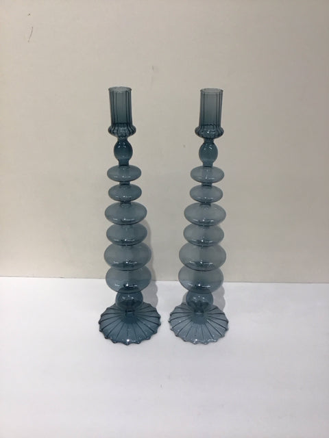 15" Pair Blue Glass Candlesticks