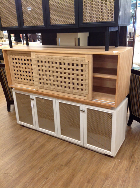 Wood Console w/Sliding Rattan Doors AS-IS