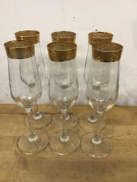 Set Of 6 Cassique By Circleware Gold Encrusted Flutes