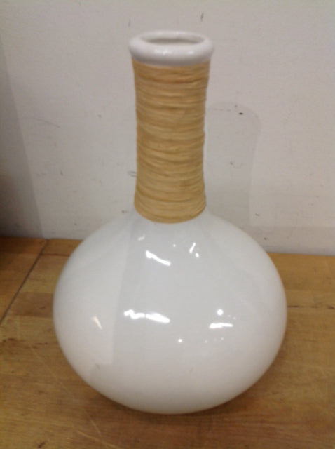 Vase- 13" White Ceramic & Whicker