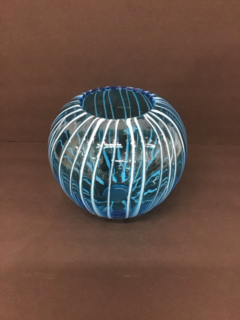 6"Rd Blue Glass Vase w/White Vertical Stripes