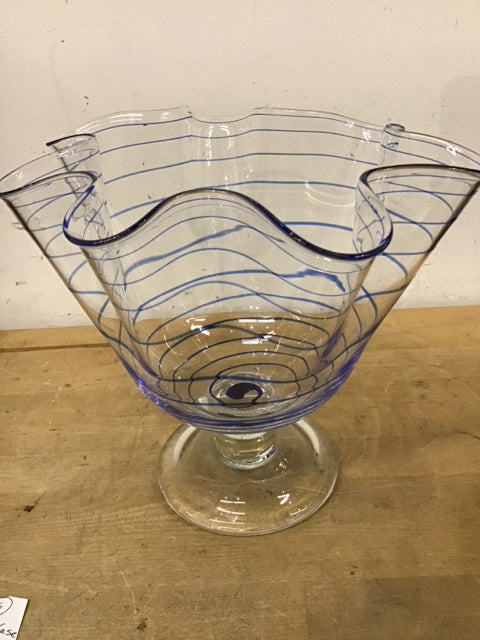 9" Glass Blue Striped Ribbon Vase