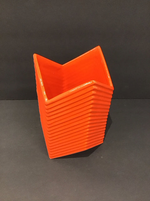 8" Orange Ceramic Abstract Vase w/Ridges
