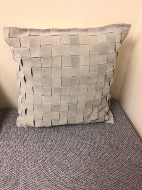 Grey Leather Woven Pillow