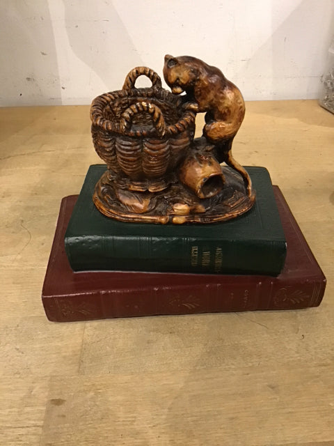 6.5" Stacked Books Cat & Basket Sculpture