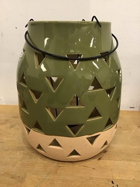 9.5" Ceramic Green & Beige Triangle Cut Out Votive Holder
