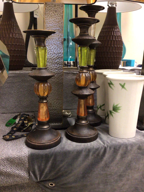 Set Of 3 Orange/Green Glass & Metal Candle Holders