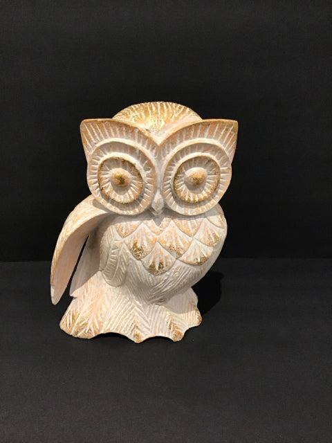 10" White/Gold Painted Wooden Owl