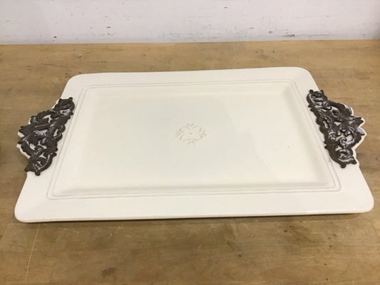22" Cream Ceramic Serving Tray