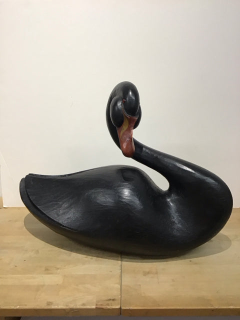 21Hx28W Black Wooden Swan w/Glass Eyes