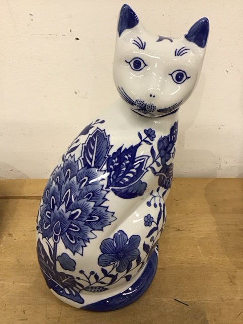 10" H Blue & White Floral Cat Figurine