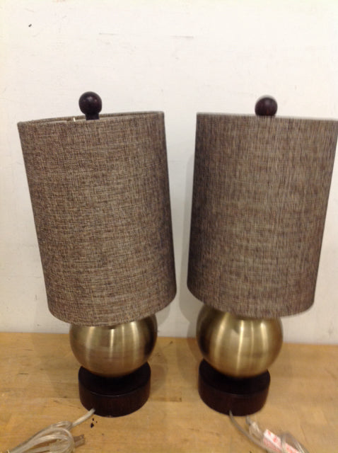 19" Pair Of Brushed Brass Ball Lamps