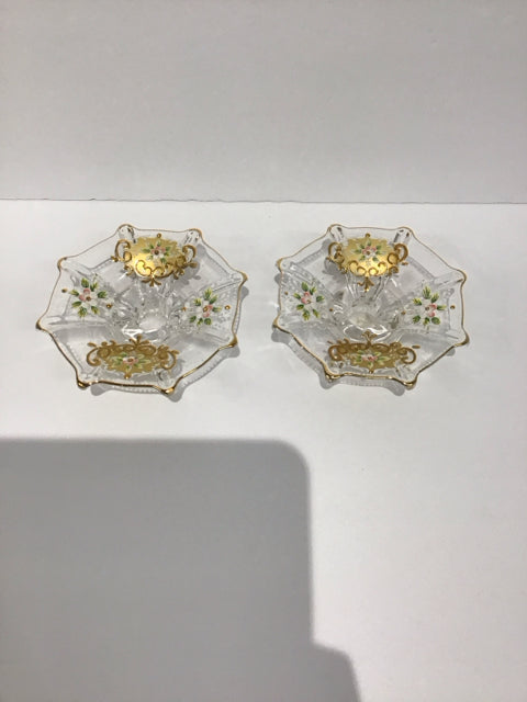 Murano Style Glass w/Painted Decor Candle Sticks