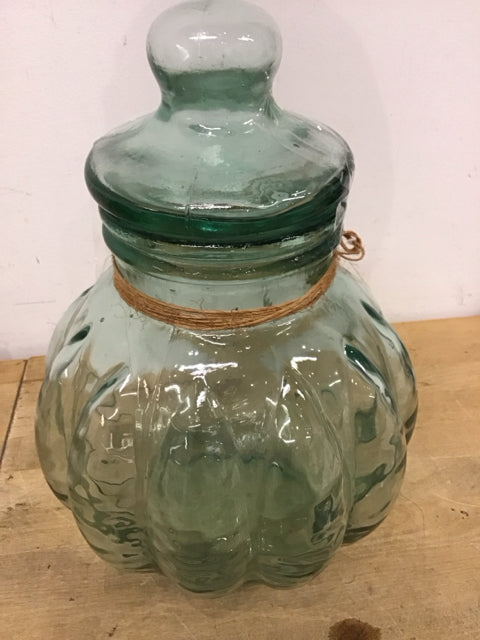 Vintage Green Glass Pumpkin Shaped Apothecary Jar