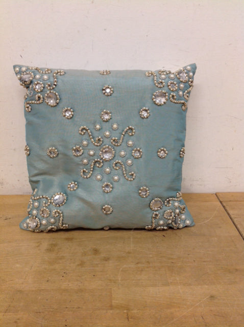 Aqua Square Beaded Taffeta Pillow