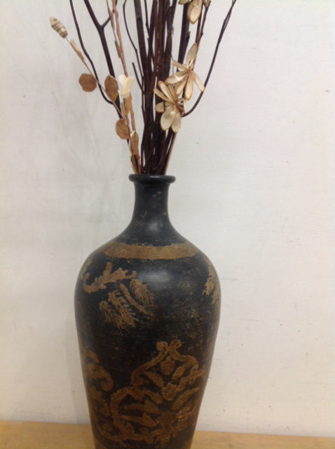 Vase- 24" Brown & Black Pottery W Twigs