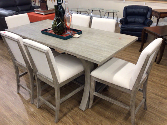 AS-IS Sophie High Top Trestle Dining Table W/6 Chairs(Marks On Cushions)