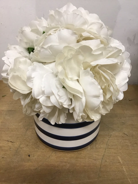 11" White Peony Floral Arrangement In Blue/White Stripe Vase