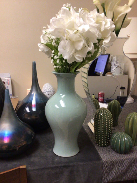 22" White Floral Arangement In Light Blue Ceramic Vase