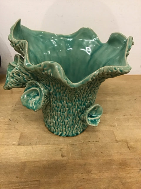 10" Floral Aqua & Cream Ceramic Vase