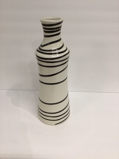 15" White Ceramic Narrow Top Vase w/Black Stripes