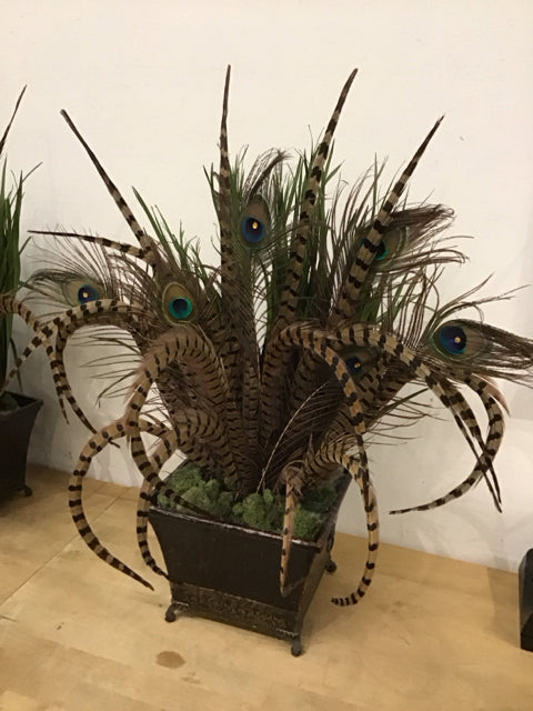 Peacock Feather Grass Arrangement Bamboo Pot