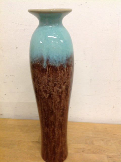 Vase- 16" Blue & Brown Ceramic Drip