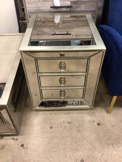 Narrow Three Drawer Mirrored Nightstand