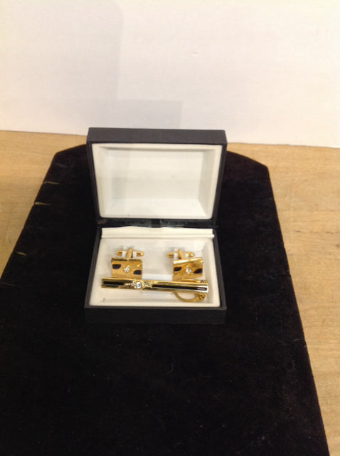 Gold Tone Rhinestone Cufflink & Tie Clip Set