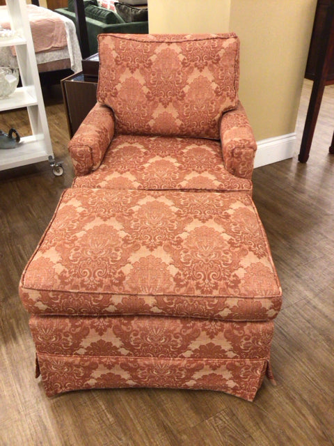 Queen Anne Coral Fabric Arm Chair & Ottoman