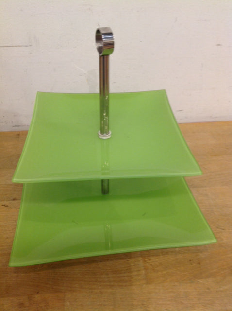 Tray- 12" Two Tier Green Glass