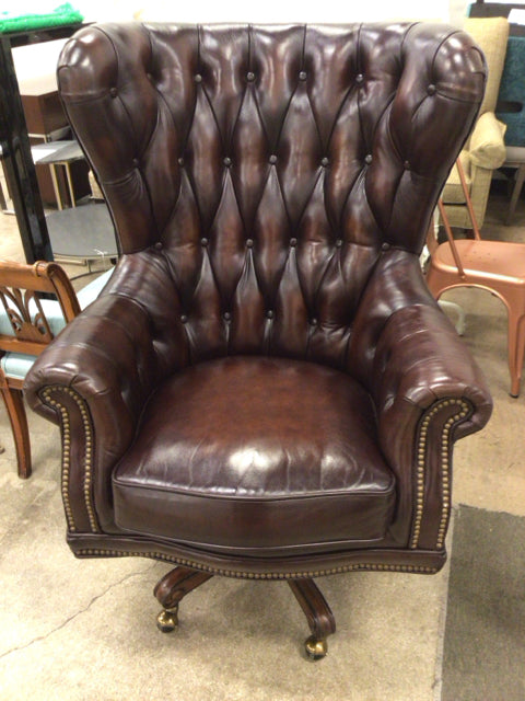 Brown Button Tufted Leather Wing Back Desk Chair