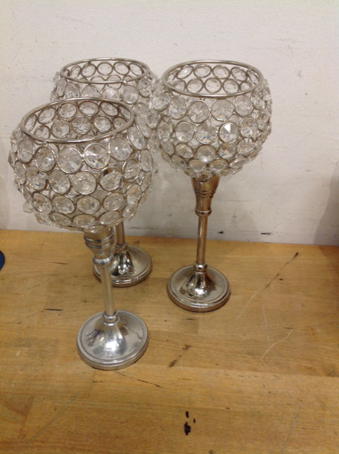 Candle Holder- 9" Set Of 3 Glass & Silver Stem